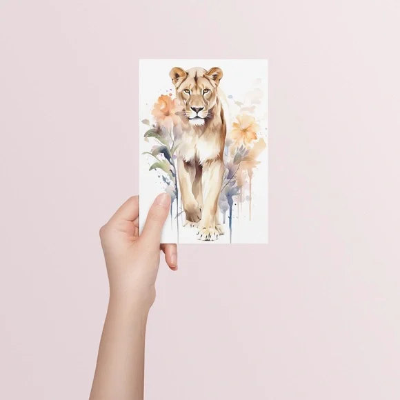 Watercolor Lioness With Flowers Portrait Wall Art Illustration Print Unframed - Picture 5 of 5